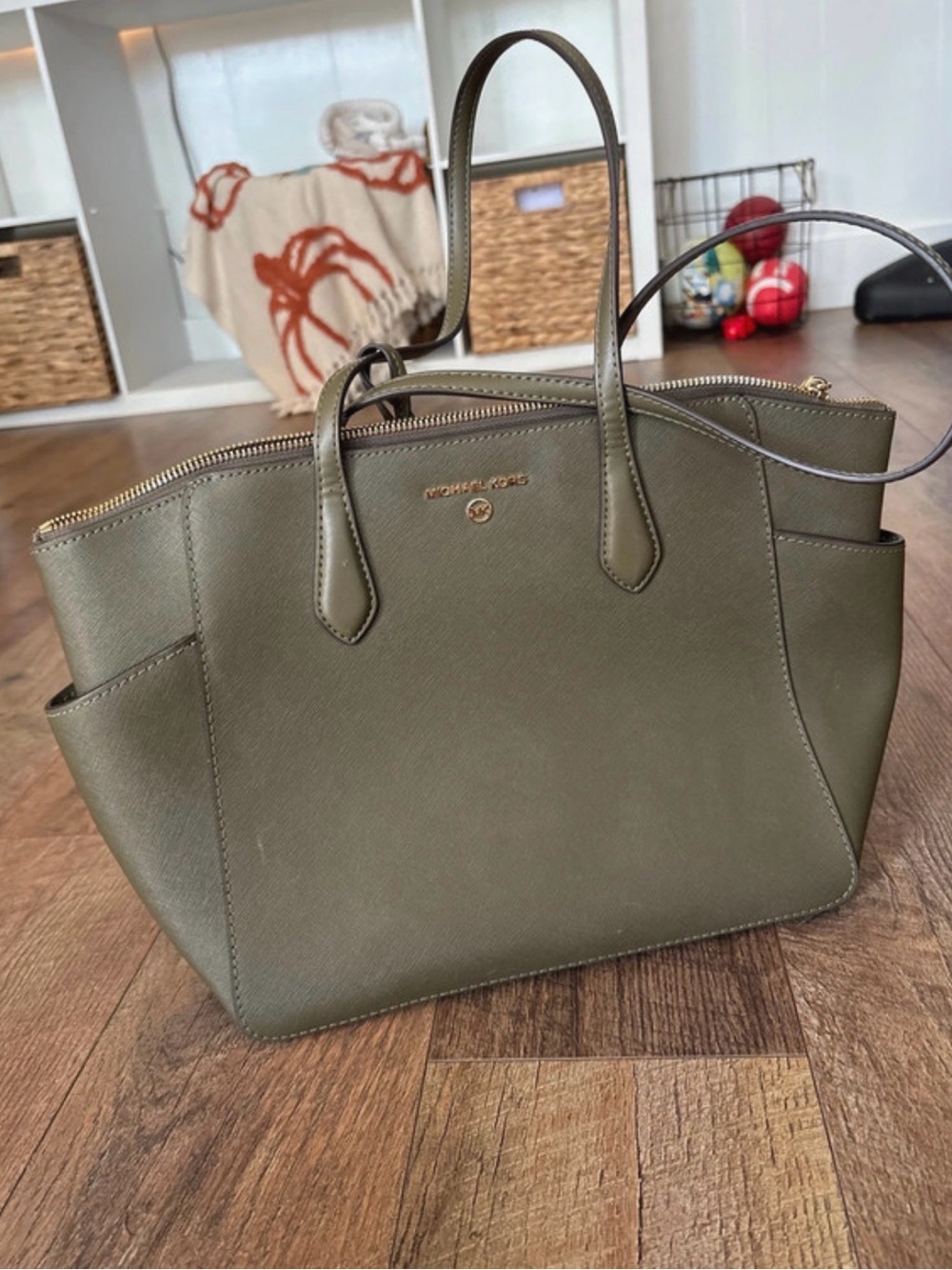 Michael Kors Olive Saffiano Leather Tote with Gold Hardware